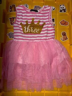 Pink Striped 'Three' Tulle Party Dress